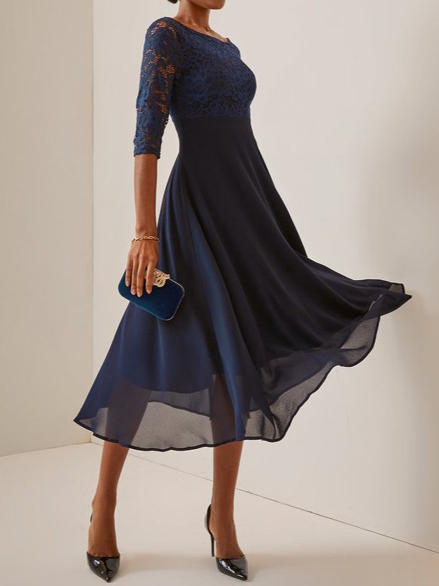 Elegant women's lace midi dress with chiffon skirt, featuring a romantic lace bodice and flowing A-line chiffon skirt.