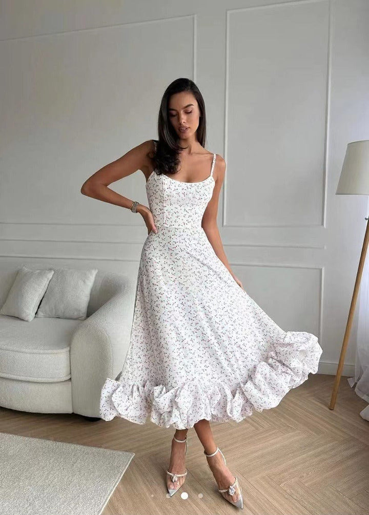 Elegant women's midi dress; sleeveless A-line with 3D floral details, bustier top; timeless charm for any event.
