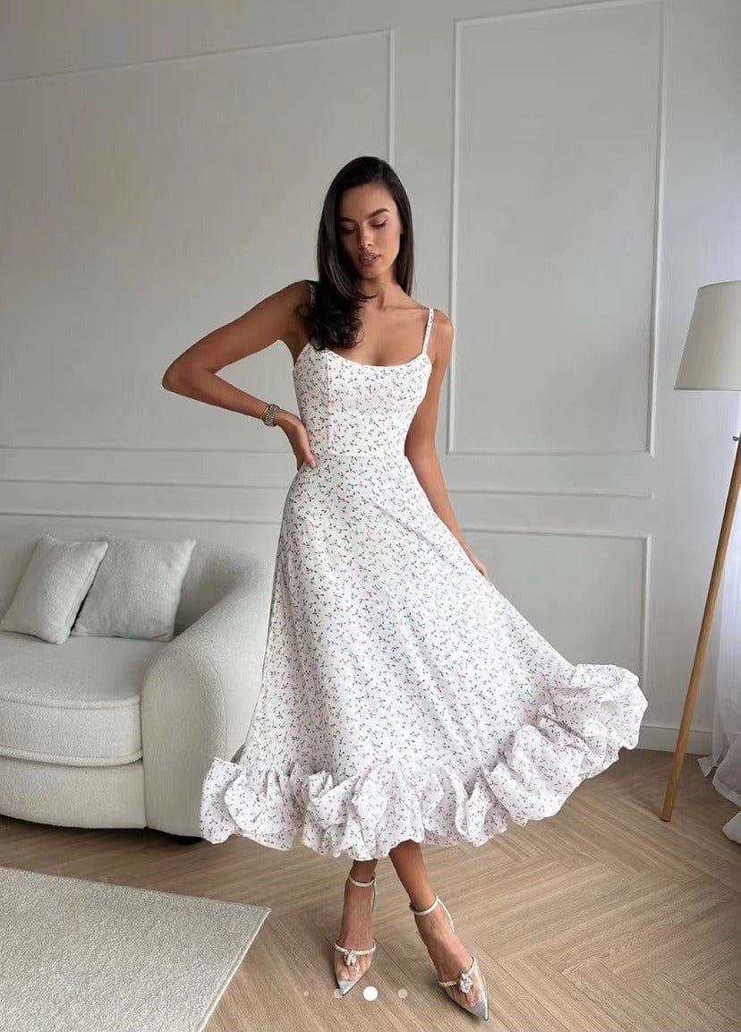 Elegant women's midi dress; sleeveless A-line with 3D floral details, bustier top; timeless charm for any event.