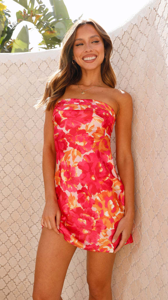 "Elegant women's strapless floral mini dress, seamless, vibrant print, perfect for spring and summer occasions, slim fit."