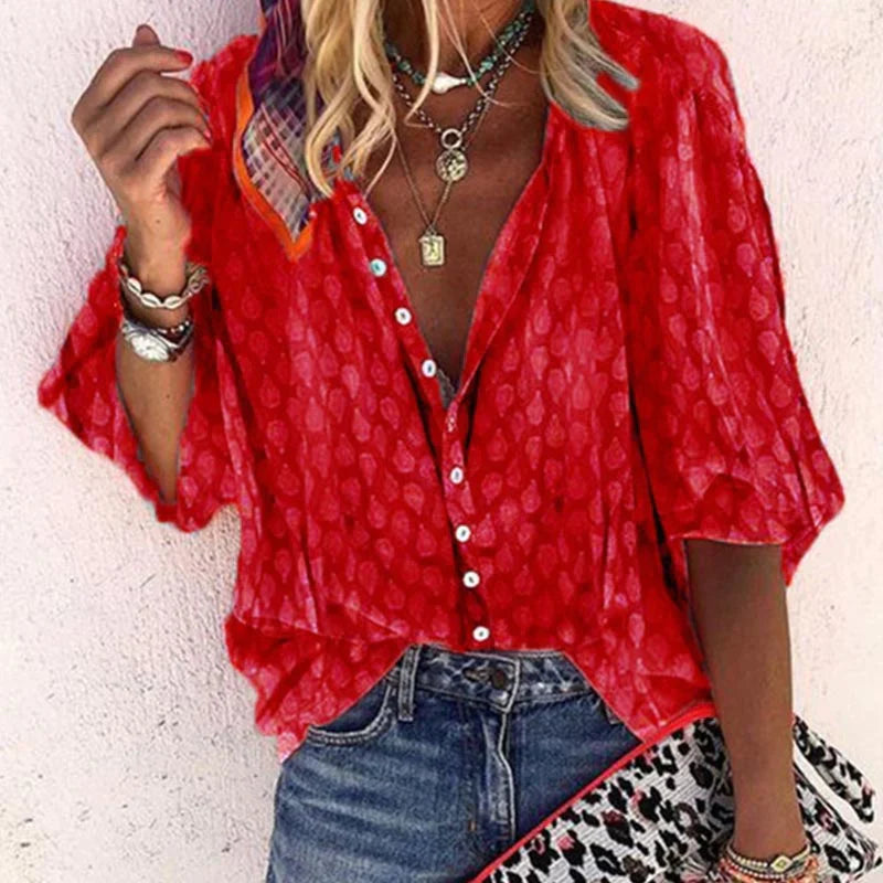 Elegant women's summer blouse with airy fit, versatile design; ideal for chic warm-weather outings and casual gatherings.