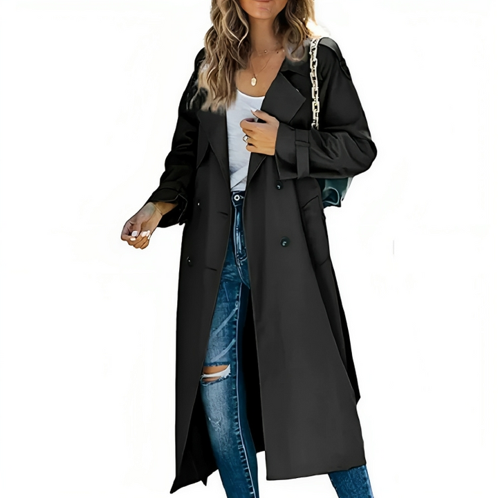 Elegant women's trench coat with lapel, belt, and tailored fit in beige for versatile, chic style in any season.