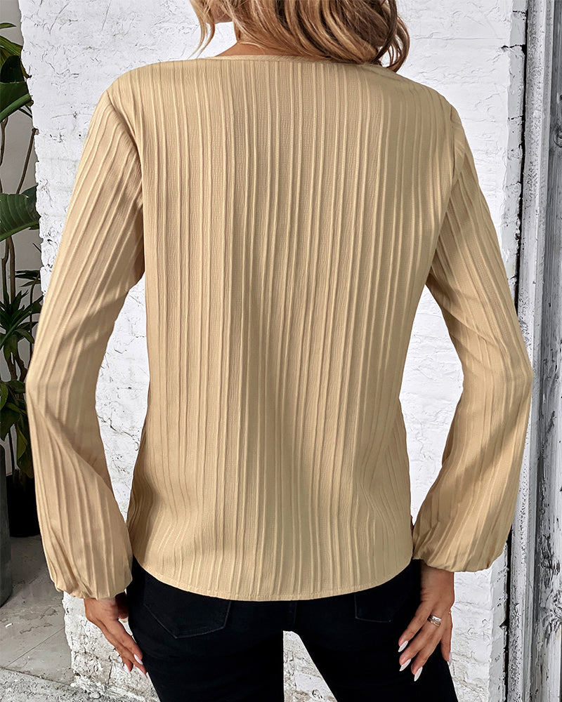 Sophisticated women's elegant top: V-neck, balloon long sleeves, solid color. Great for office & smart casual.