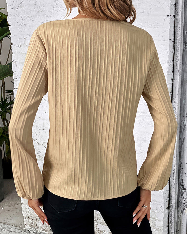 Sophisticated women's elegant top: V-neck, balloon long sleeves, solid color. Great for office & smart casual.