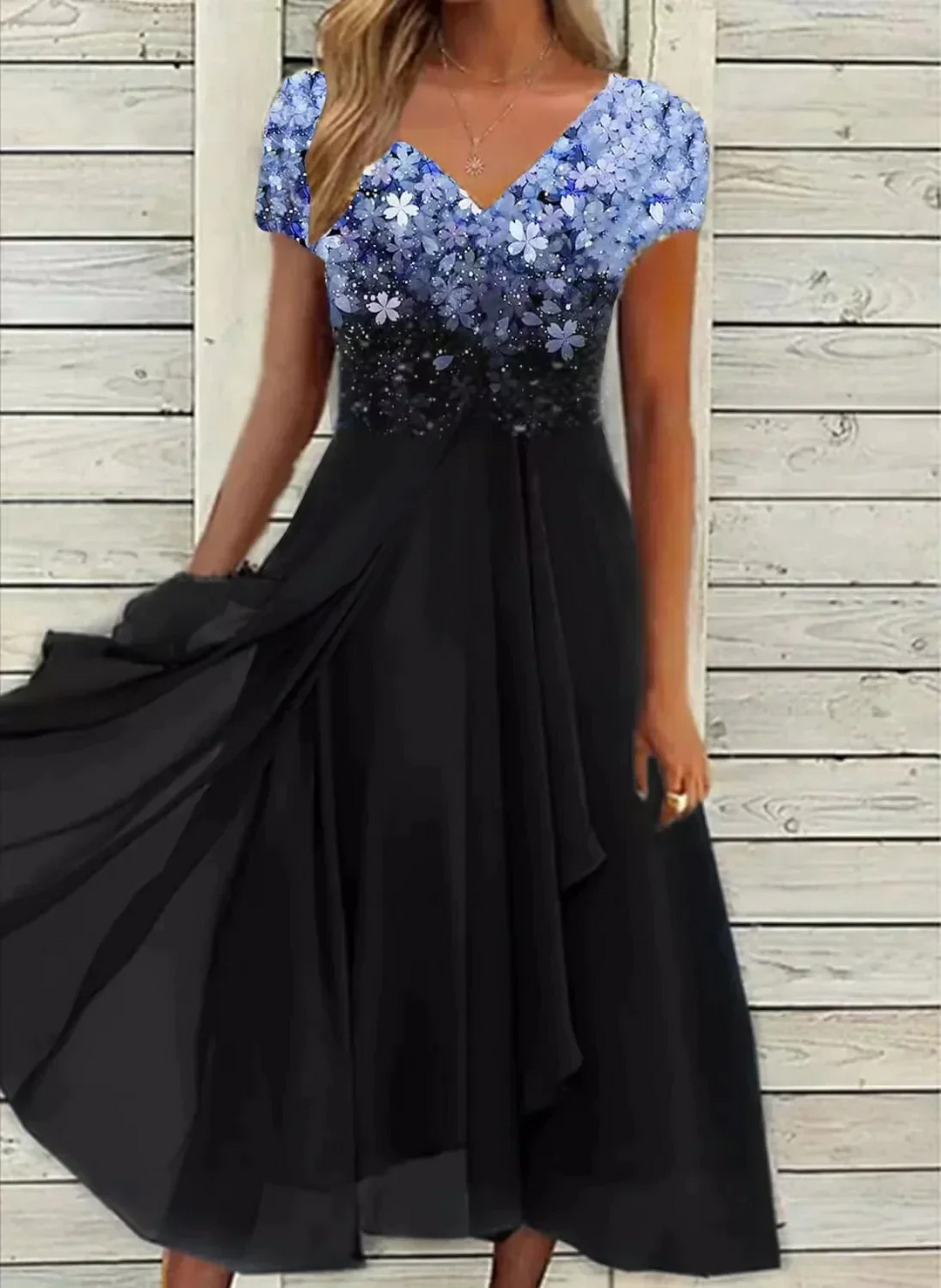 Elegant blue V-neck evening gown for women, perfect for formal events & special occasions. Long party dress.