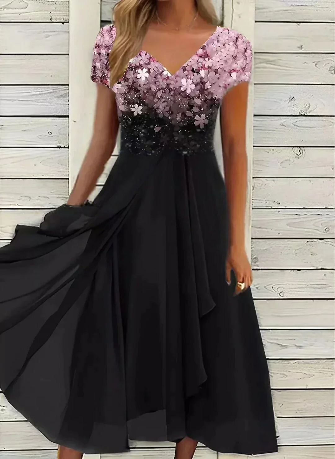 Stylish pink V-neck formal gown for women, ideal for wedding guests & cocktail parties. Elegant long dress.