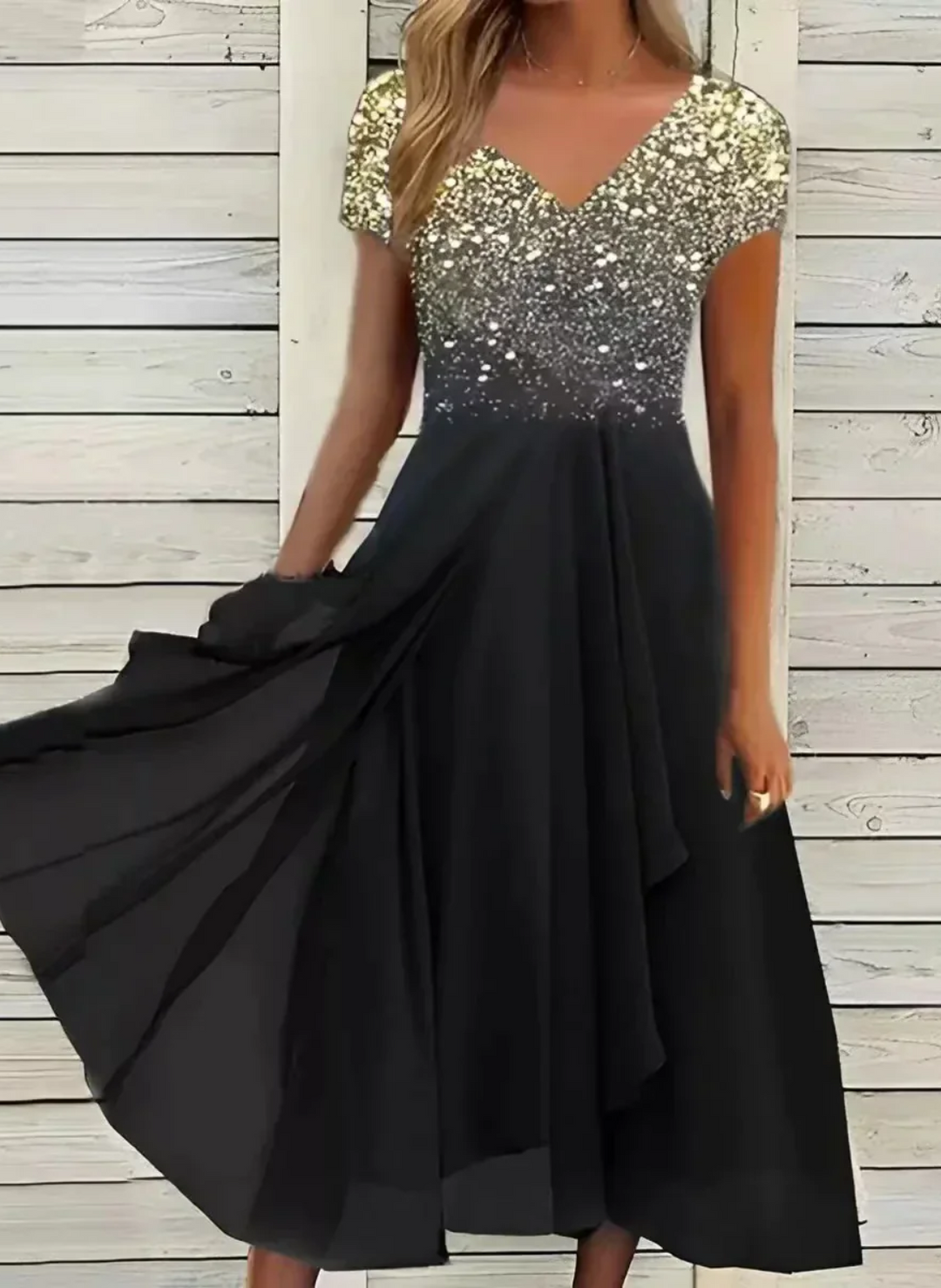 Luxurious gold V-neck long evening dress for women. Elegant formal gown for special occasions.