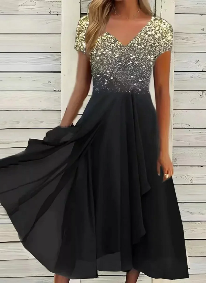 Luxurious gold V-neck long evening dress for women. Elegant formal gown for special occasions.