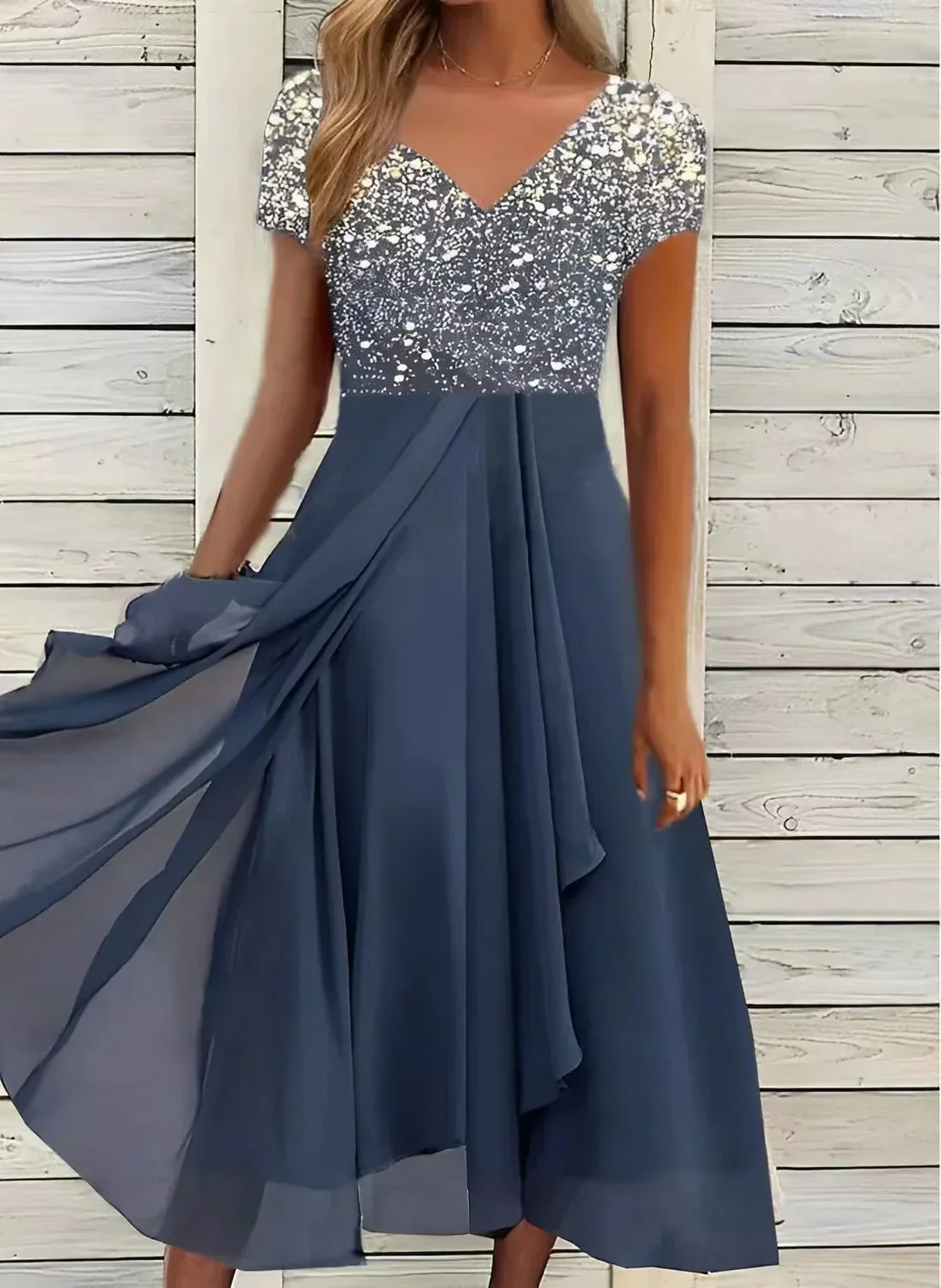 Sophisticated V-neck evening gown for women. Ideal long formal dress for special occasions & wedding guests.