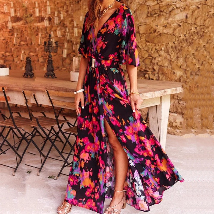 Comfortable women's green wrap midi dress, elegant & versatile. Perfect all-season style for casual or formal events.