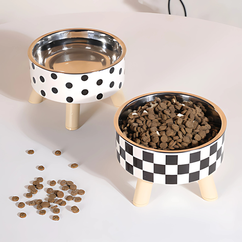 Elevated stainless steel pet feeder bowl for improved digestion in dogs & cats. Non-slip design, easy clean.