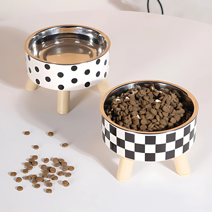 Elevated stainless steel pet feeder bowl for improved digestion in dogs & cats. Non-slip design, easy clean.