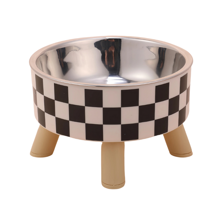Non-slip elevated dog bowl with stainless steel inserts for healthy posture & digestion. Stylish pet accessory.