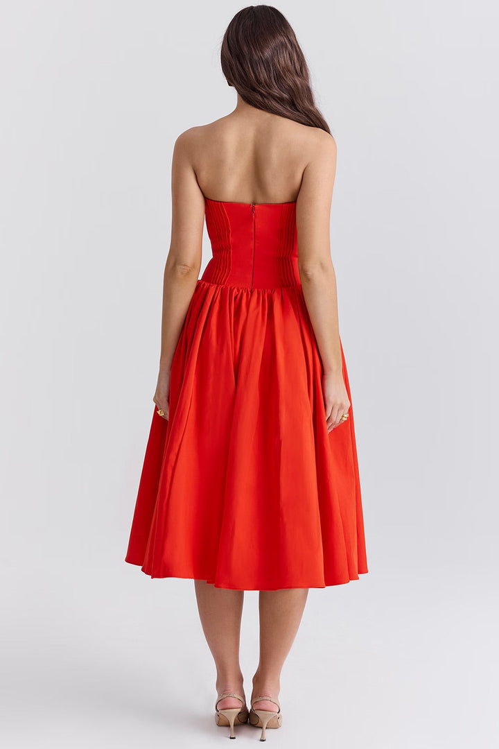 Women's party midi dress: strapless, sweetheart neckline, and elegant flared skirt. Great for special occasions.