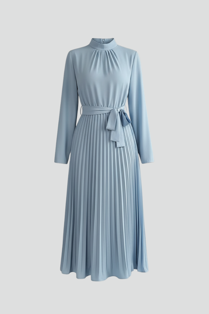 Elegant women's pleated mock neck midi dress, perfect for wedding guests & formal events.