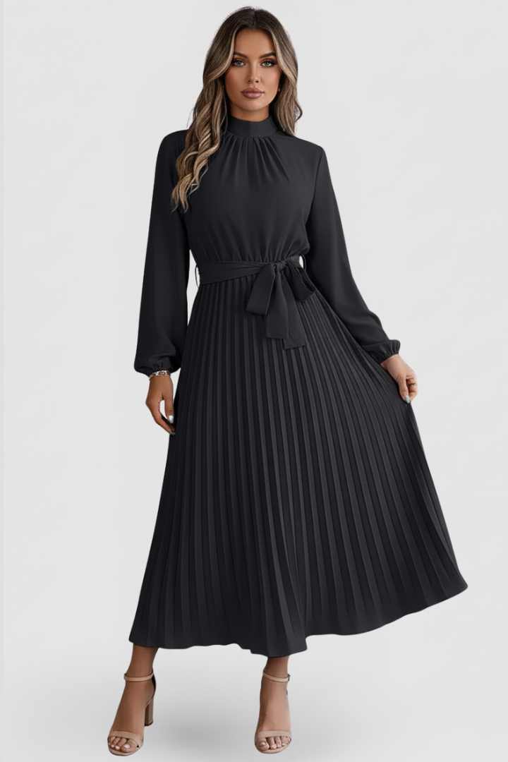 Chic women's midi dress, elegant pleated detail, mock neck design, perfect for parties.