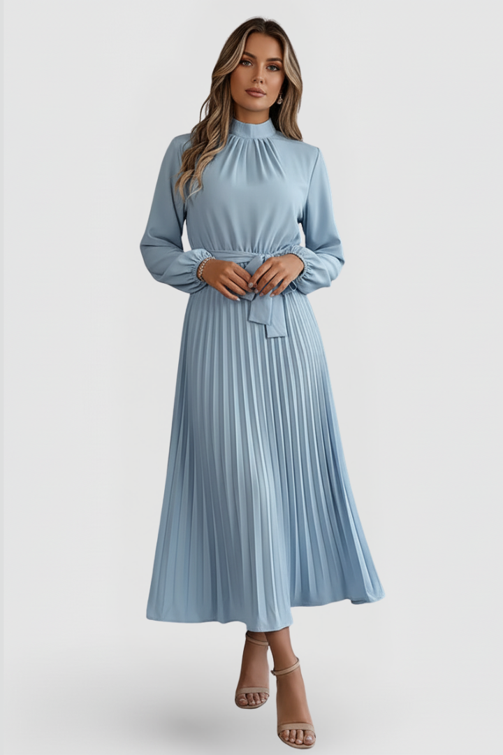Chic women's mock neck midi dress with elegant pleats, ideal for wedding guest attire.