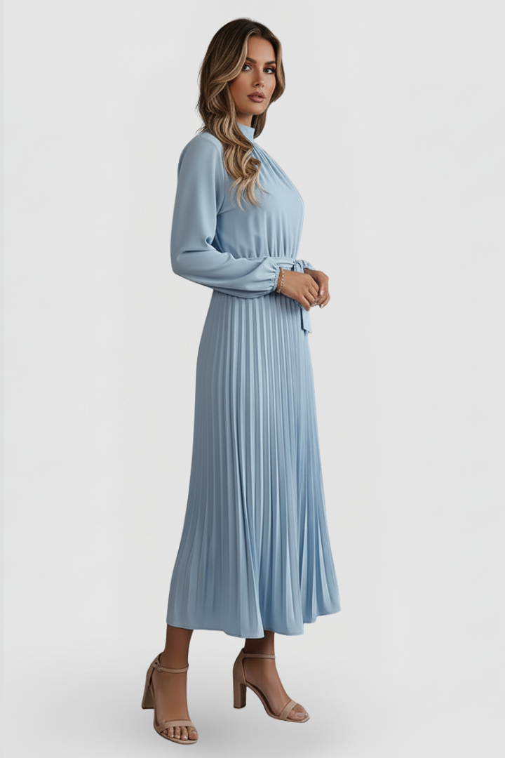 Sophisticated pleated midi dress for women, mock neck style, great for cocktail parties.