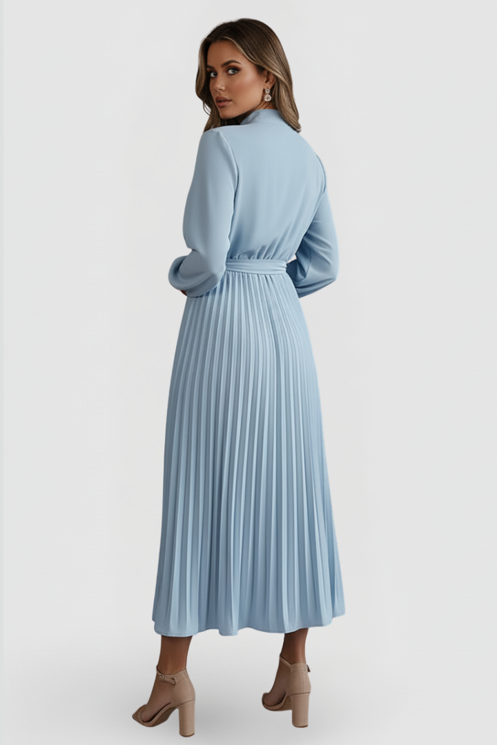 Women's formal midi dress, elegant pleated design, mock neck, perfect wedding guest outfit.