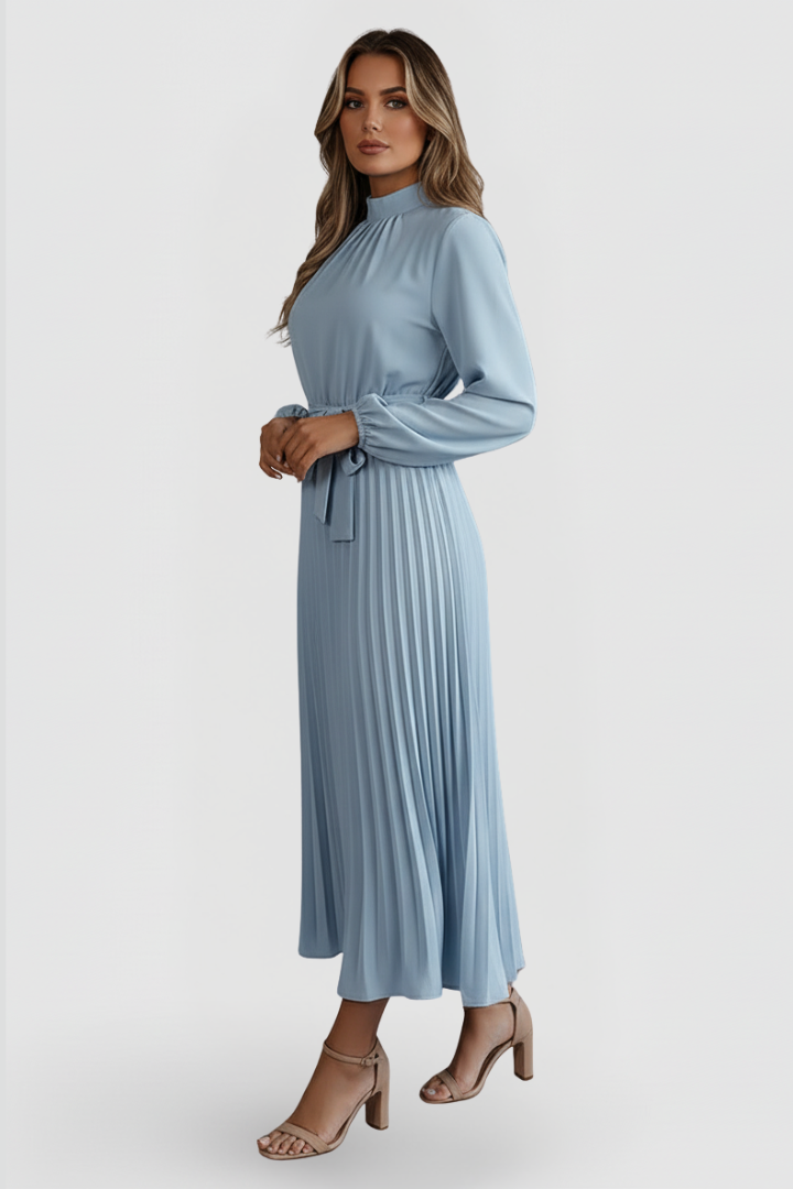 Stylish women's mock neck pleated midi dress, an elegant choice for any party or event.