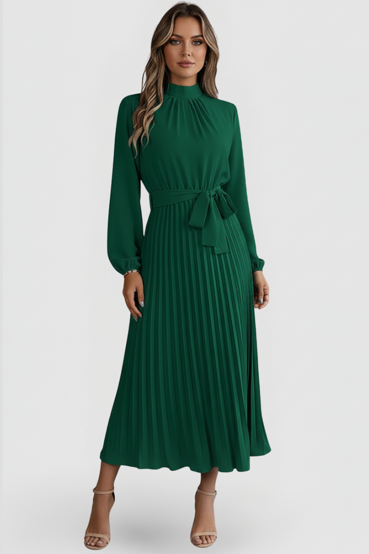 Elegant women's midi dress, pleated skirt & chic mock neck, ideal for wedding guests.