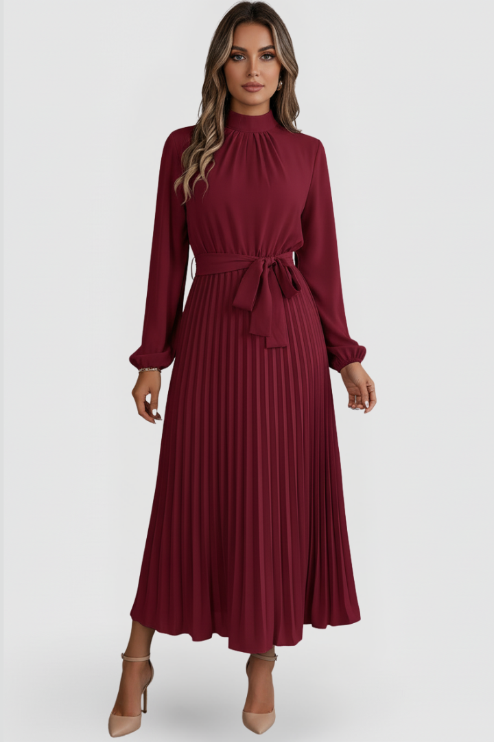 Women's formal pleated midi dress with a sophisticated mock neck, perfect for events.