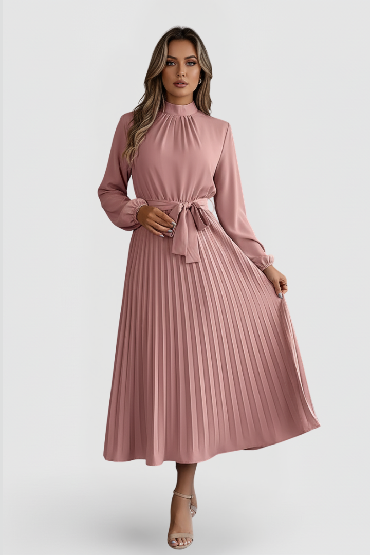 Wedding guest midi dress for women, elegant pleats and mock neck, a chic party option.