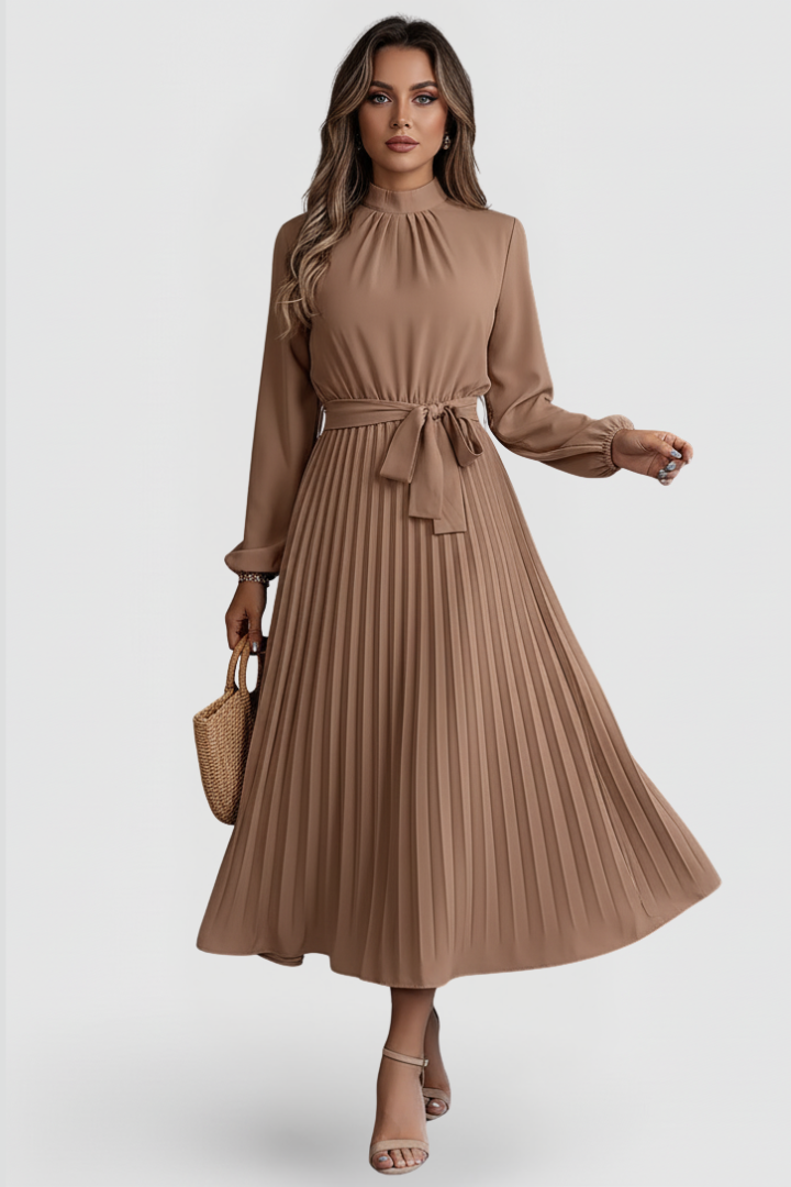 Pleated mock neck women's midi dress, elegant formal wear for weddings & special events.