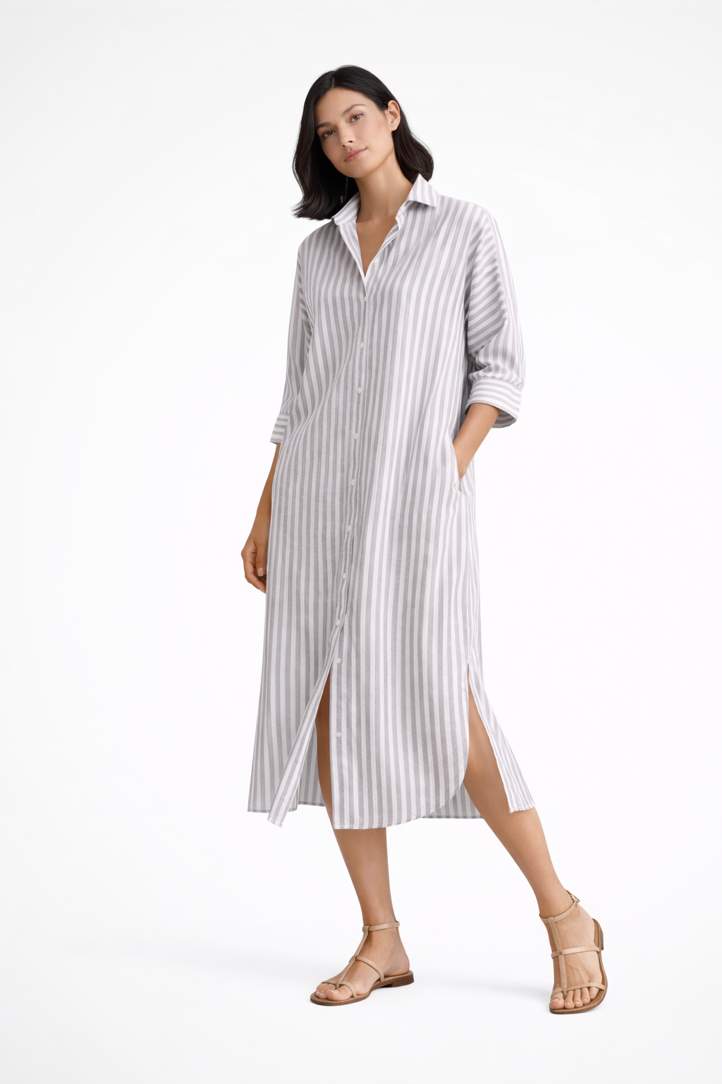 Elegant women's striped midi shirt dress with a full button front. Perfect casual day dress for summer fashion.