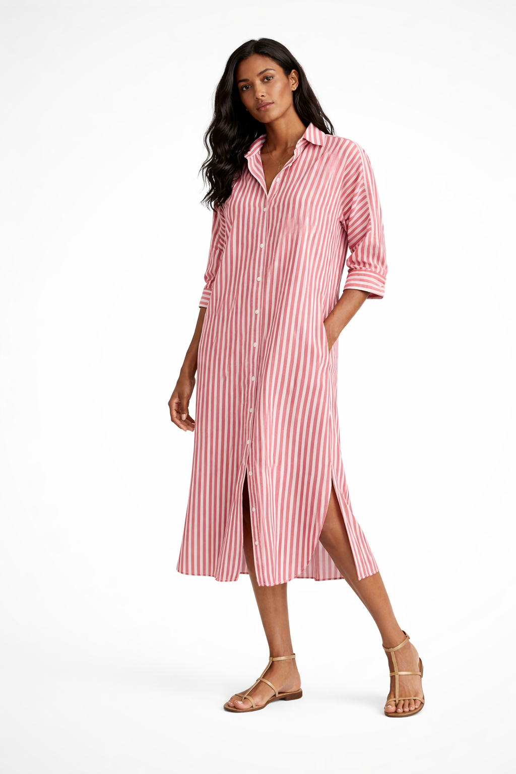 Women's striped midi shirt dress with button front, perfect for casual summer days. Elegant and versatile day wear.