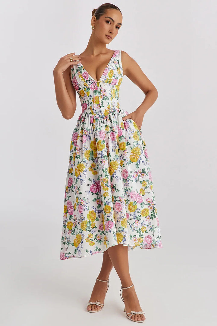 Elegant women's V-neck corset flare midi dress, perfect for parties & summer occasions. Flattering fit.