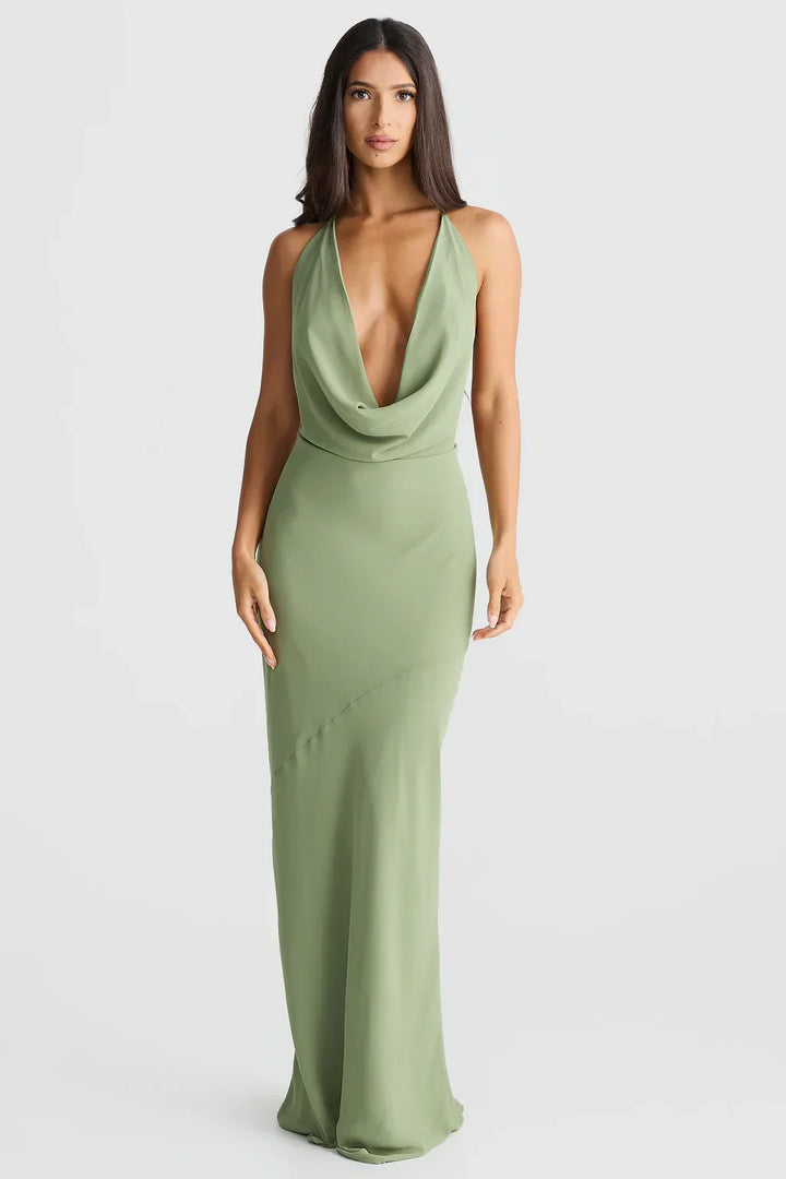 Sophisticated women's evening maxi dress featuring a draped design, ideal for summer parties.