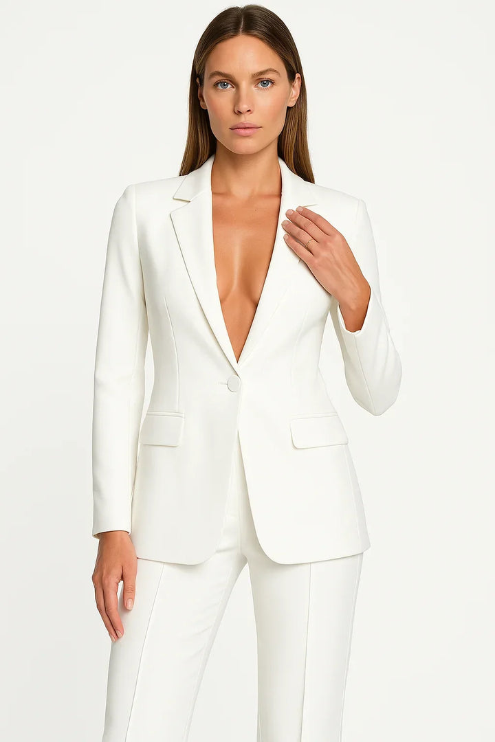 Stylish deep V neck blazer with single button & wide leg pants. Women's tailored suit for professional elegance.