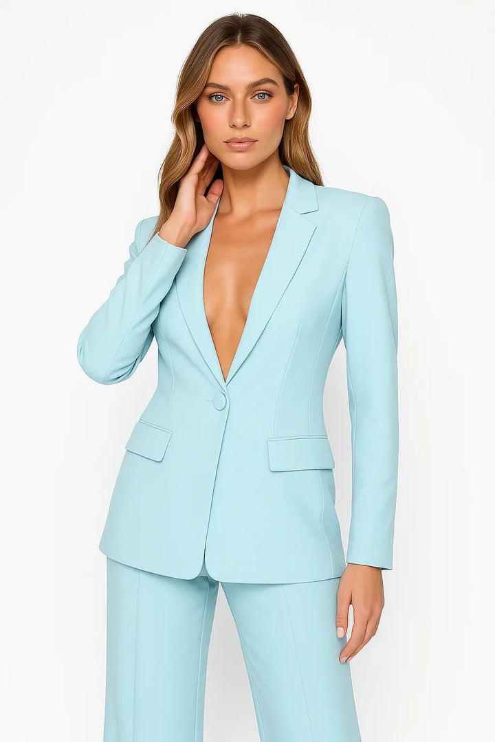 Fashionable women's two-piece set: tailored deep V neck blazer and sophisticated wide leg pants ensemble.
