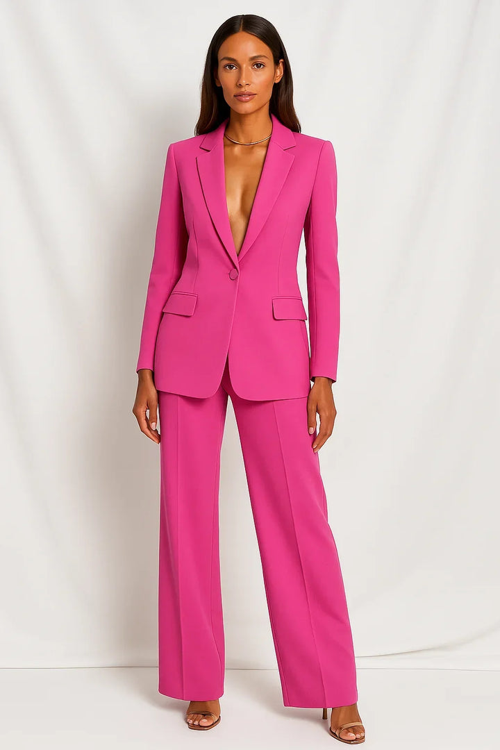 Chic women's tailored blazer & wide leg pants set. Versatile deep V neck ensemble for office or evening wear.