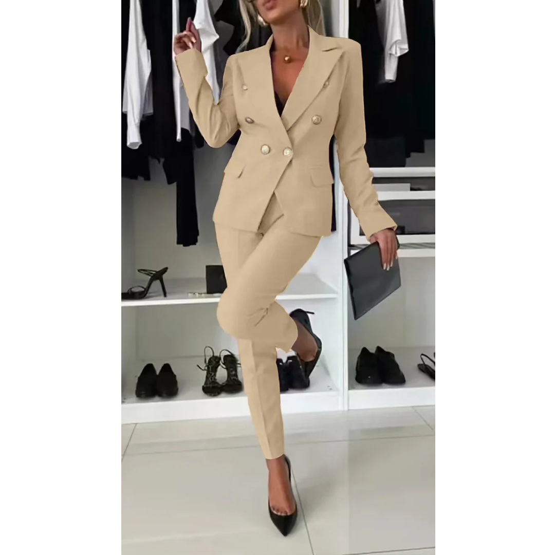 Front view of a stylish women's formal suit set, professional business attire.