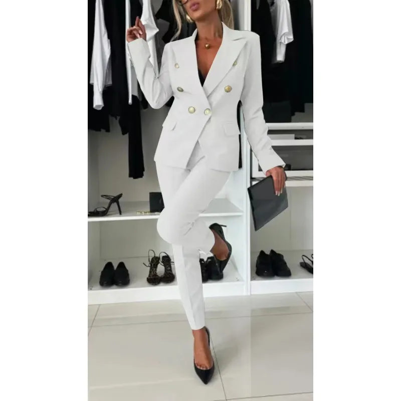 Elegant women's two-piece pant suit, modern workwear for a polished office look.