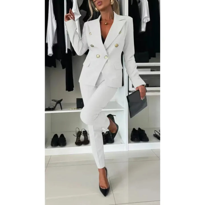Elegant women's two-piece pant suit, modern workwear for a polished office look.