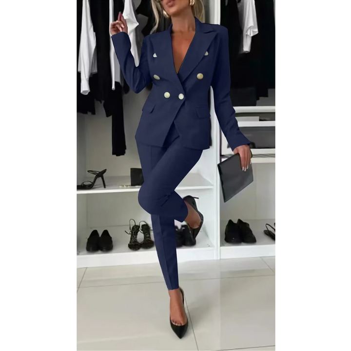 Complete women's business suit set with jacket & pants, creating a full professional look.