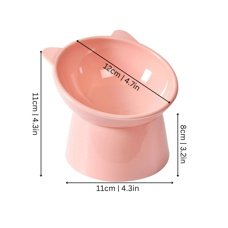 Elevated ergonomic pet feeder for cats & small dogs. Tilted anti-vomit design aids digestion. Durable plastic.