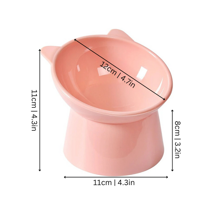 Elevated ergonomic pet feeder for cats & small dogs. Tilted anti-vomit design aids digestion. Durable plastic.