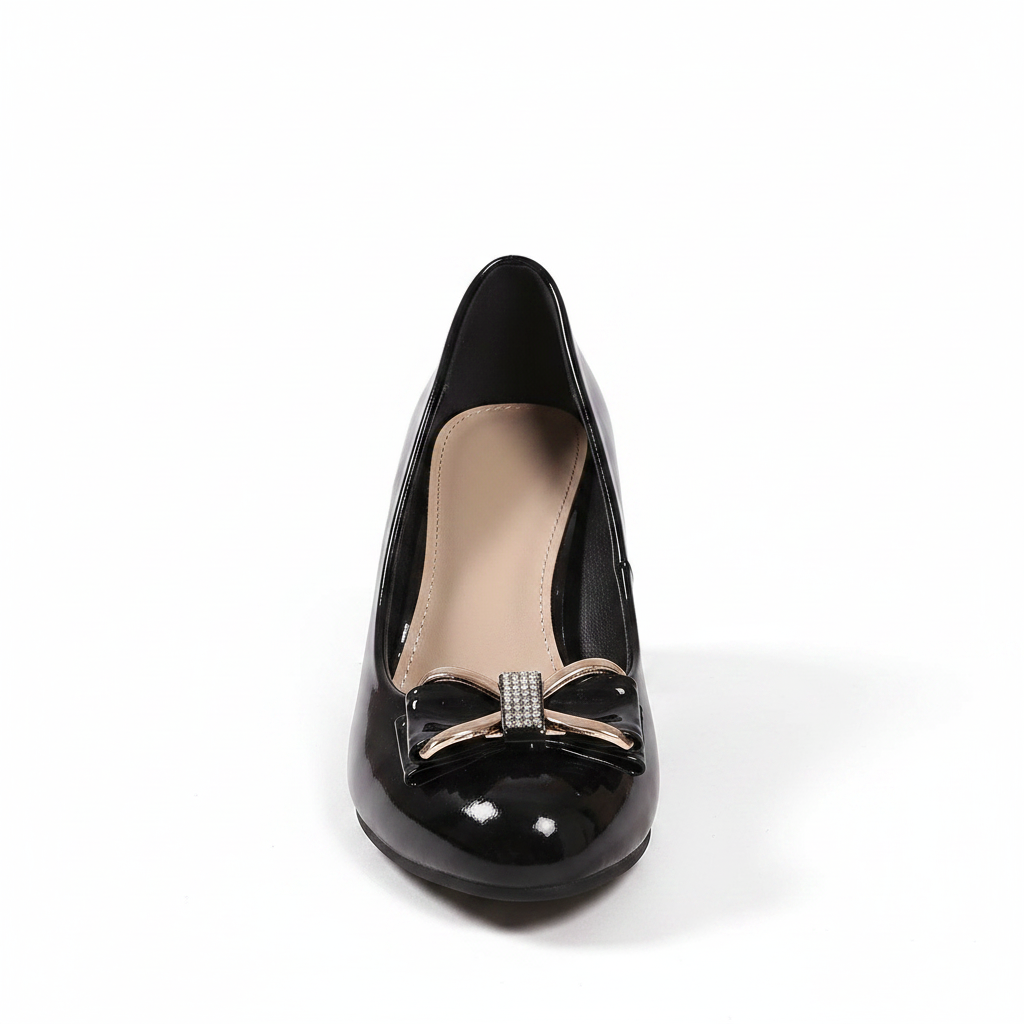 Comfortable women's mid-heel block pumps with stylish bow detail.