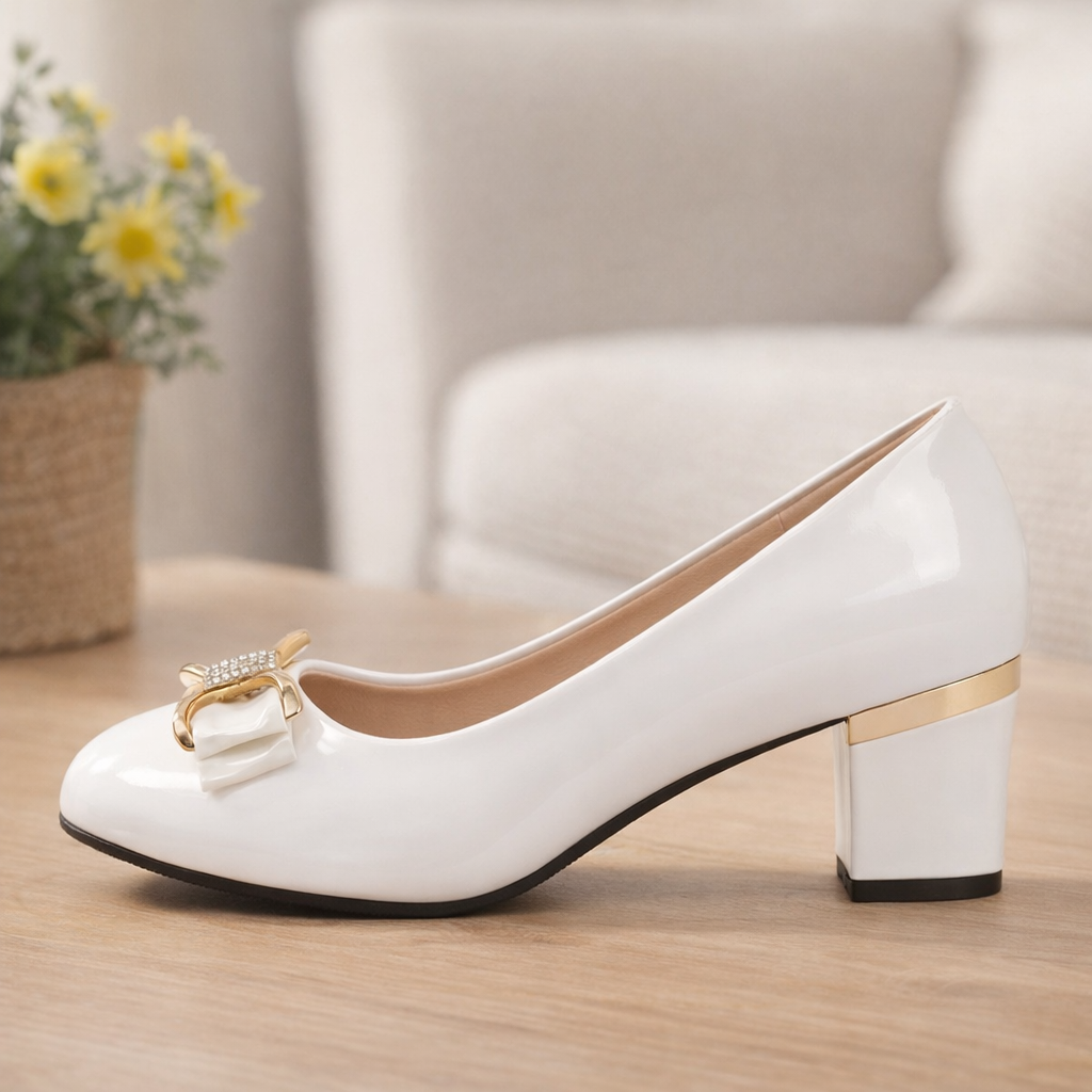 Women's elegant dress shoes: block heel pumps with charming bow detail.