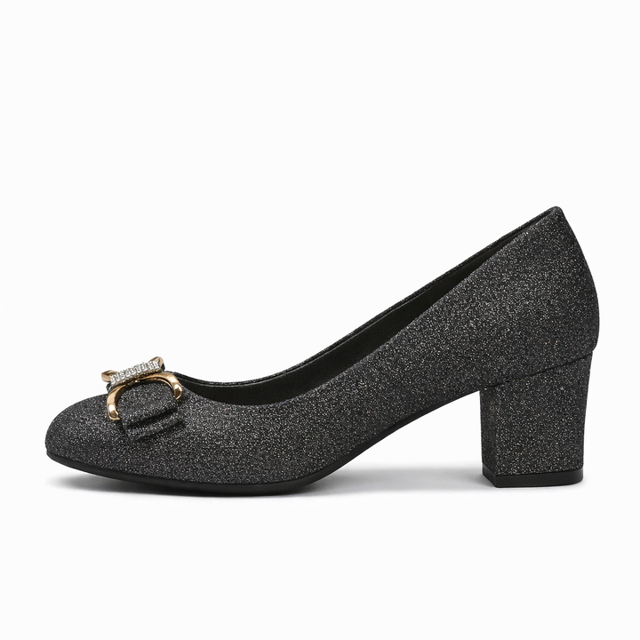 Professional women's work heels: block heel pumps with a subtle bow.
