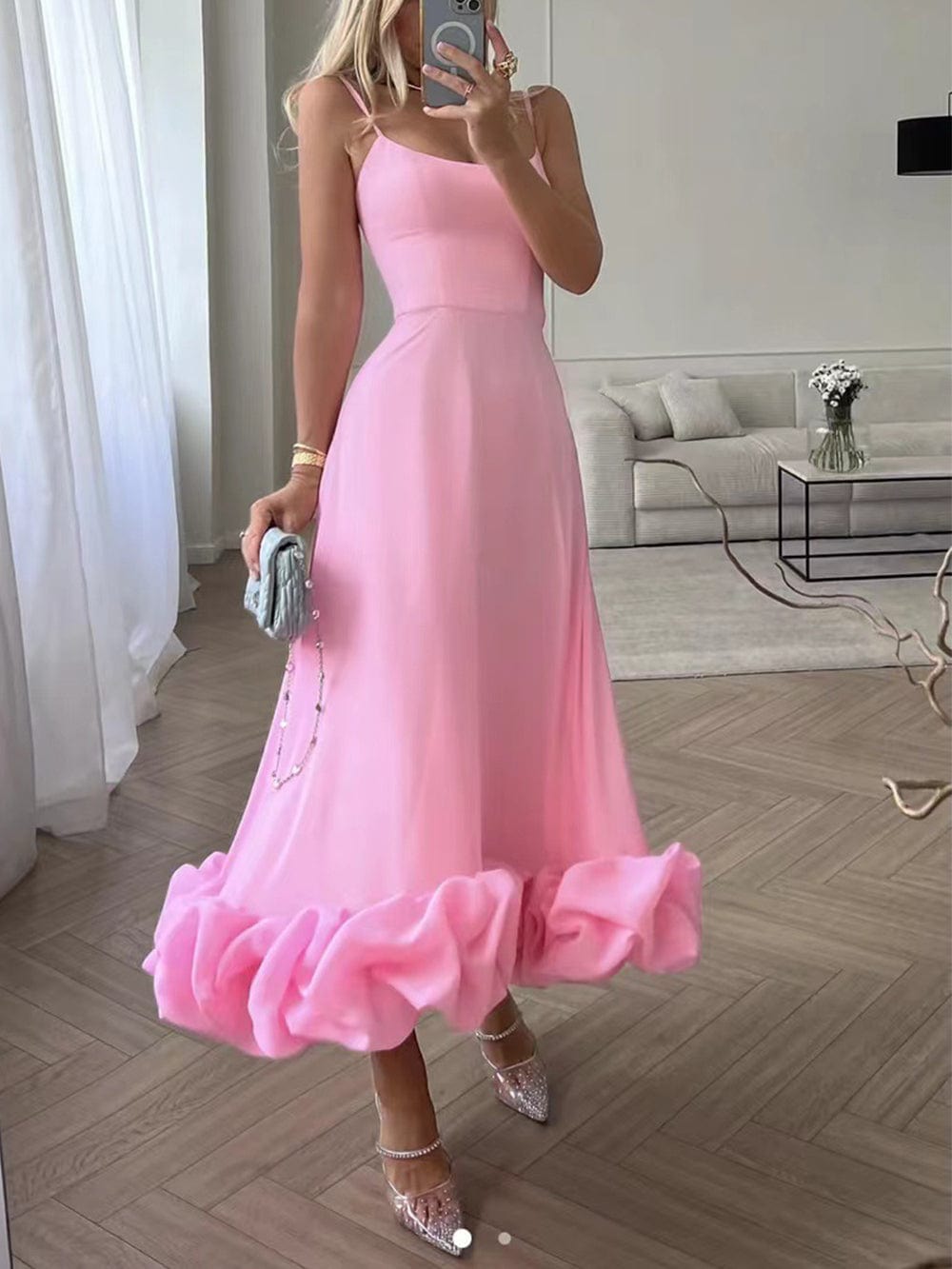 "Exquisite women's midi dress with 3D floral embellishments, A-line silhouette, sleeveless bustier top, ideal for events."