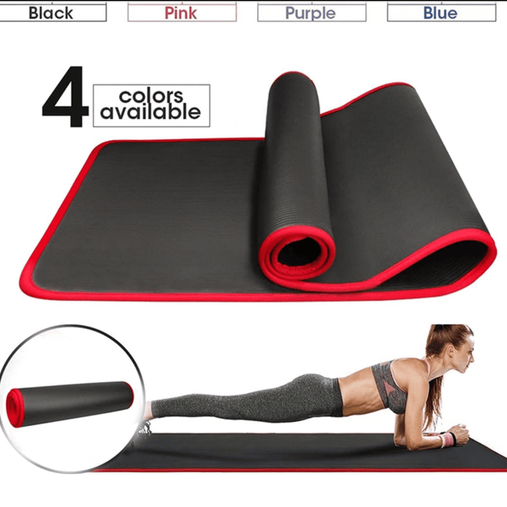 Durable workout gear: a thick non-slip fitness mat for stability during yoga, stretching, and home gym exercises.