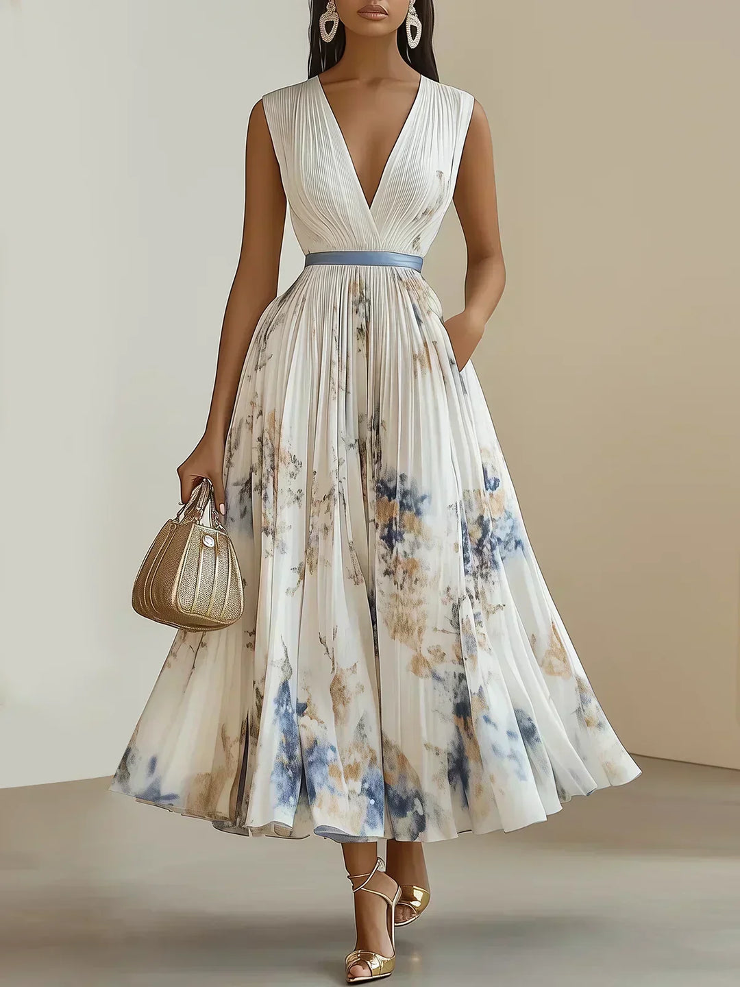 Elegant women's sleeveless V-neck maxi dress, perfect for summer parties & casual chic.