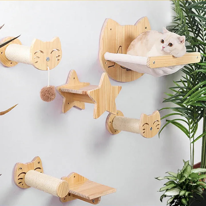 Wall-mounted wood cat scratcher, pet bed, & cat toy combo for ultimate feline comfort & fun.