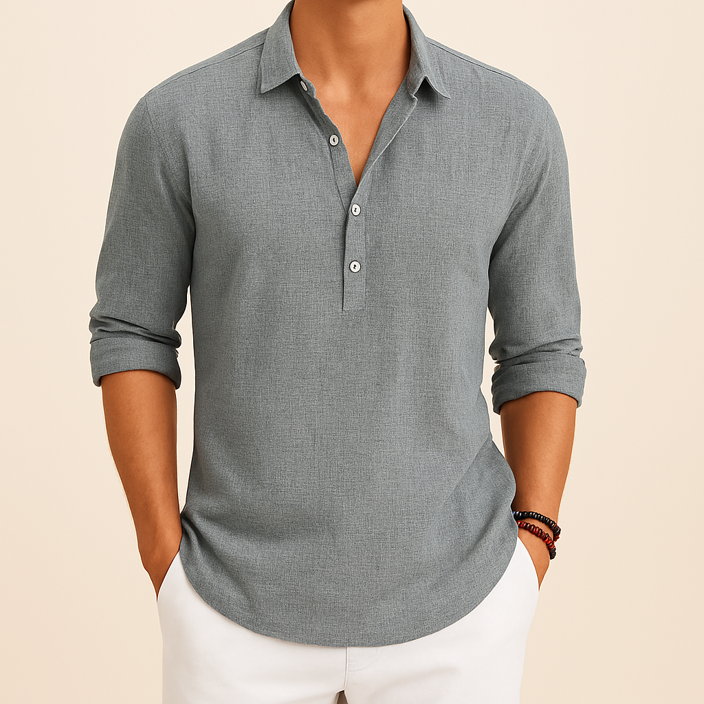 Modern men's relaxed fit long sleeve polo shirt. Button neck top, perfect for contemporary casual menswear.