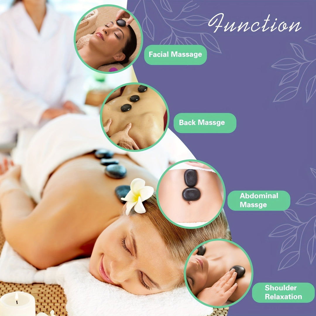 Volcanic hot stone massage kit with warmer, designed for professional deep relaxation & therapeutic use.